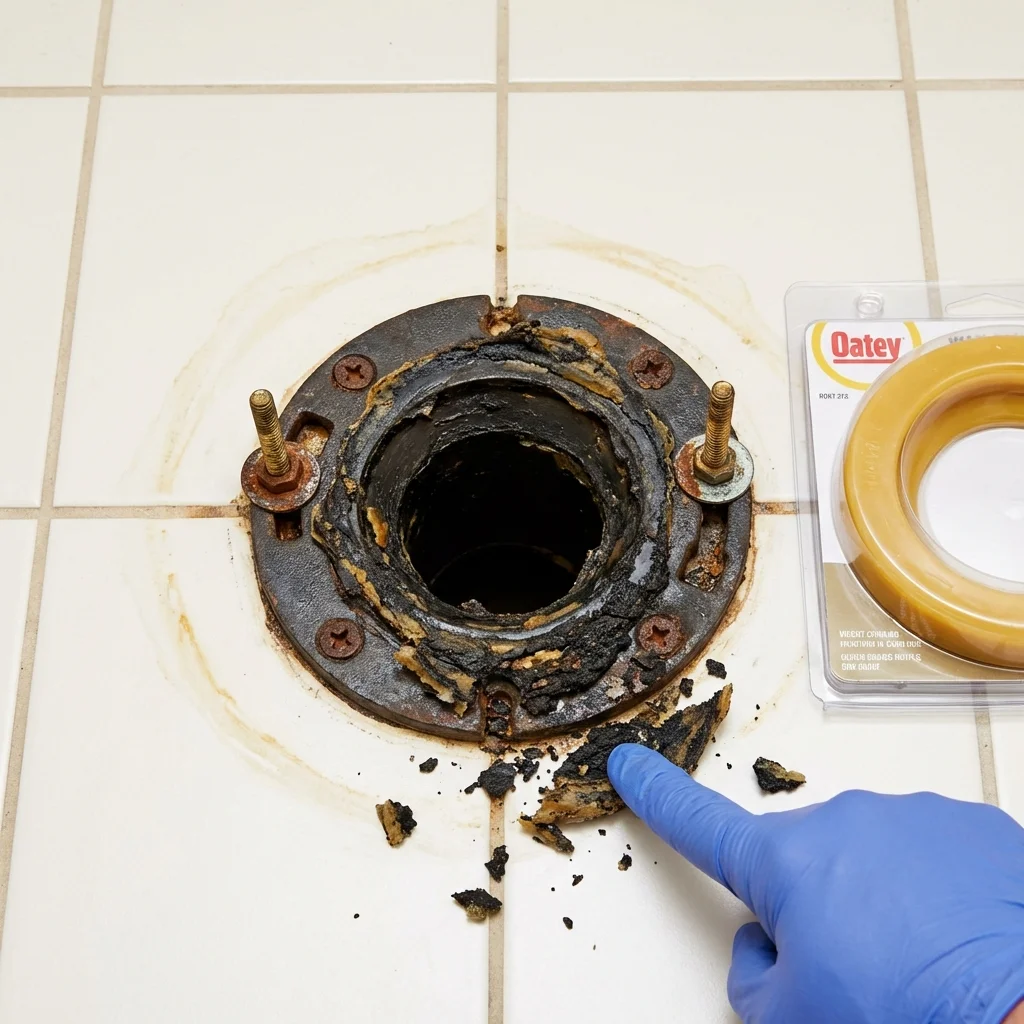 Failed wax ring showing water seepage at the base of a toilet in a Canton, MI home