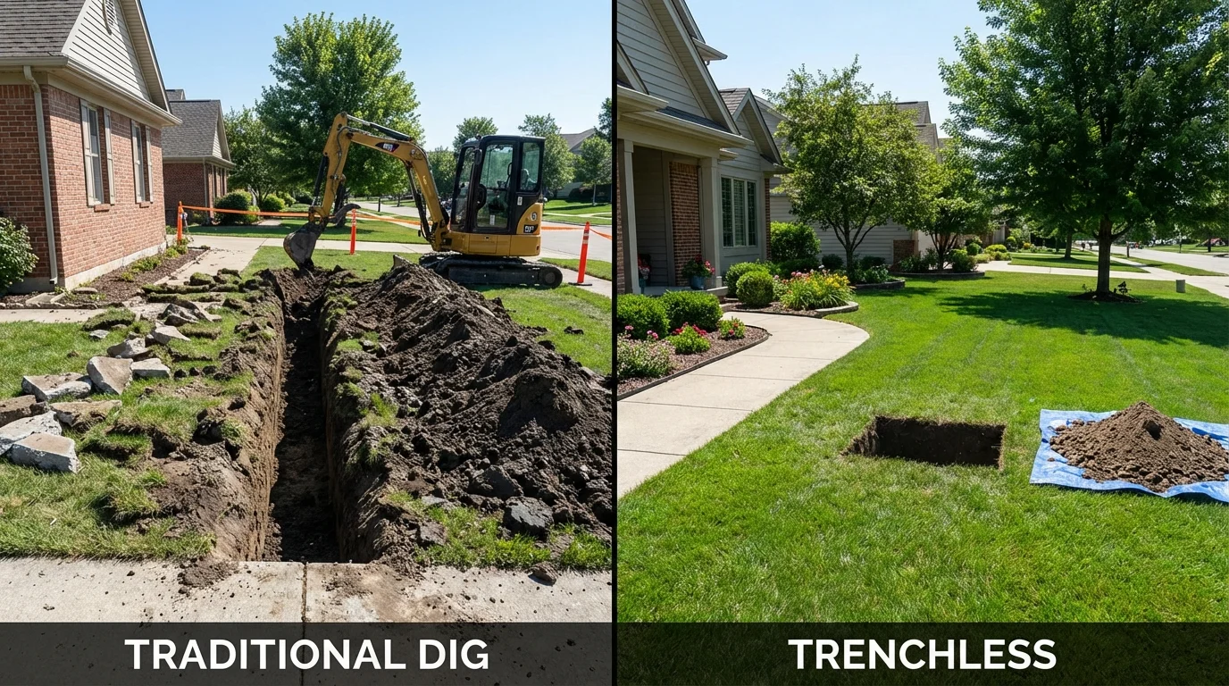 Trenchless sewer repair with minimal yard damage versus traditional excavation in Canton, MI