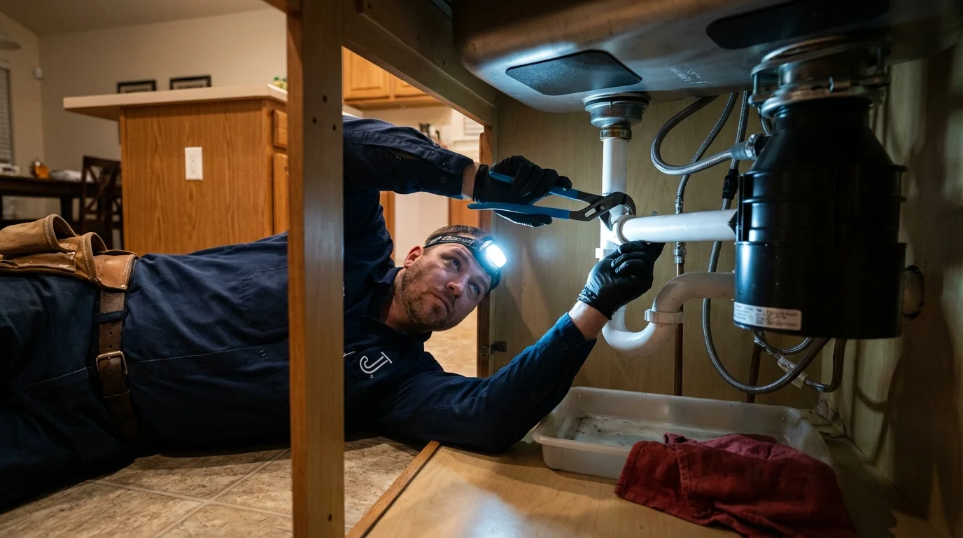 P-trap and supply line connections under a kitchen sink showing a common leak point in Canton, MI